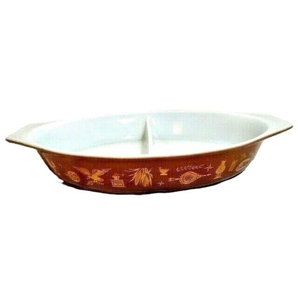 Pyrex Early American Divided Casserole Dish Gold Brown White 1.5 Qt Vintage 60s